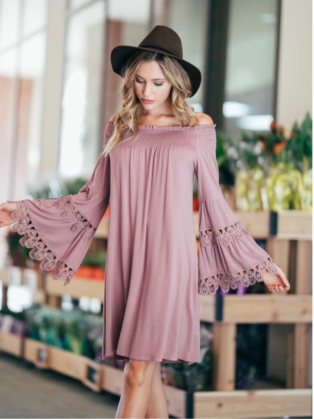 Lapis Off-Shoulder Bell Sleeve Dress - Mauve